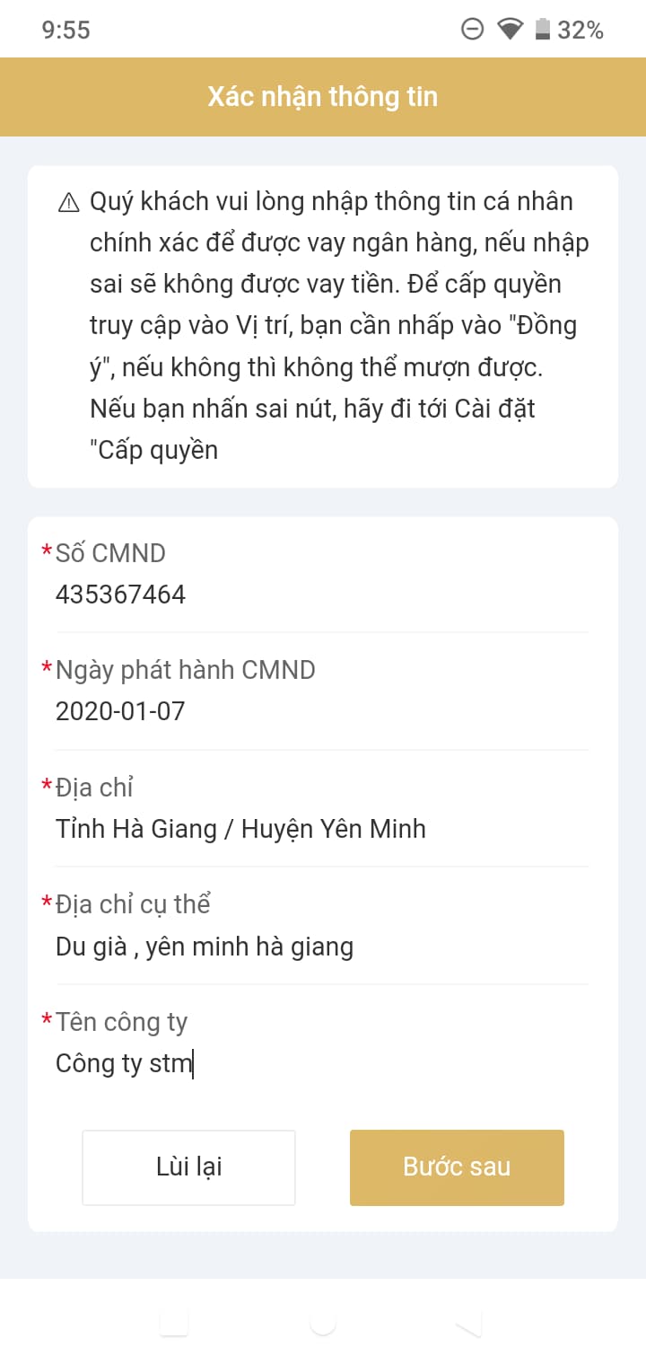 Xác nhận thêm các thông tin cá nhân